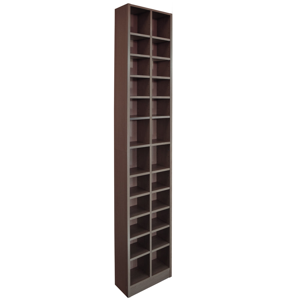 Dark oak tall media storage tower with adjustable shelves