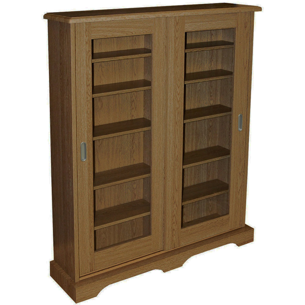 Oak media storage cabinet with sliding glass doors and adjustable shelves