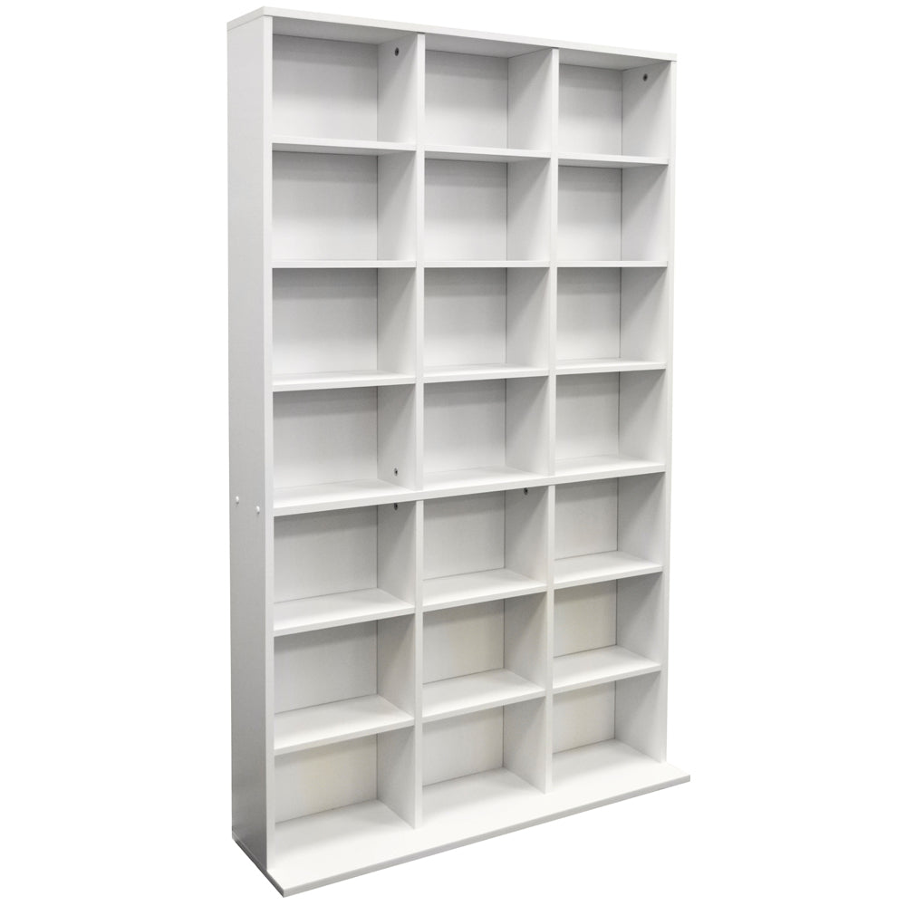 White pigeon hole media storage unit with 21 compartments