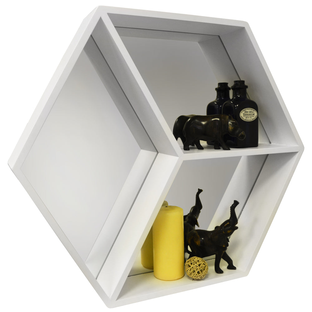 White hexagonal wall-mounted storage shelf with mirrors