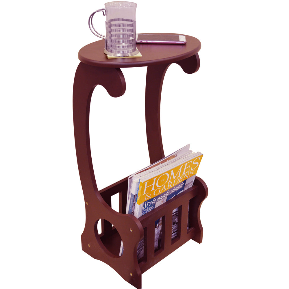 Dark wood side table with storage and magazine rack