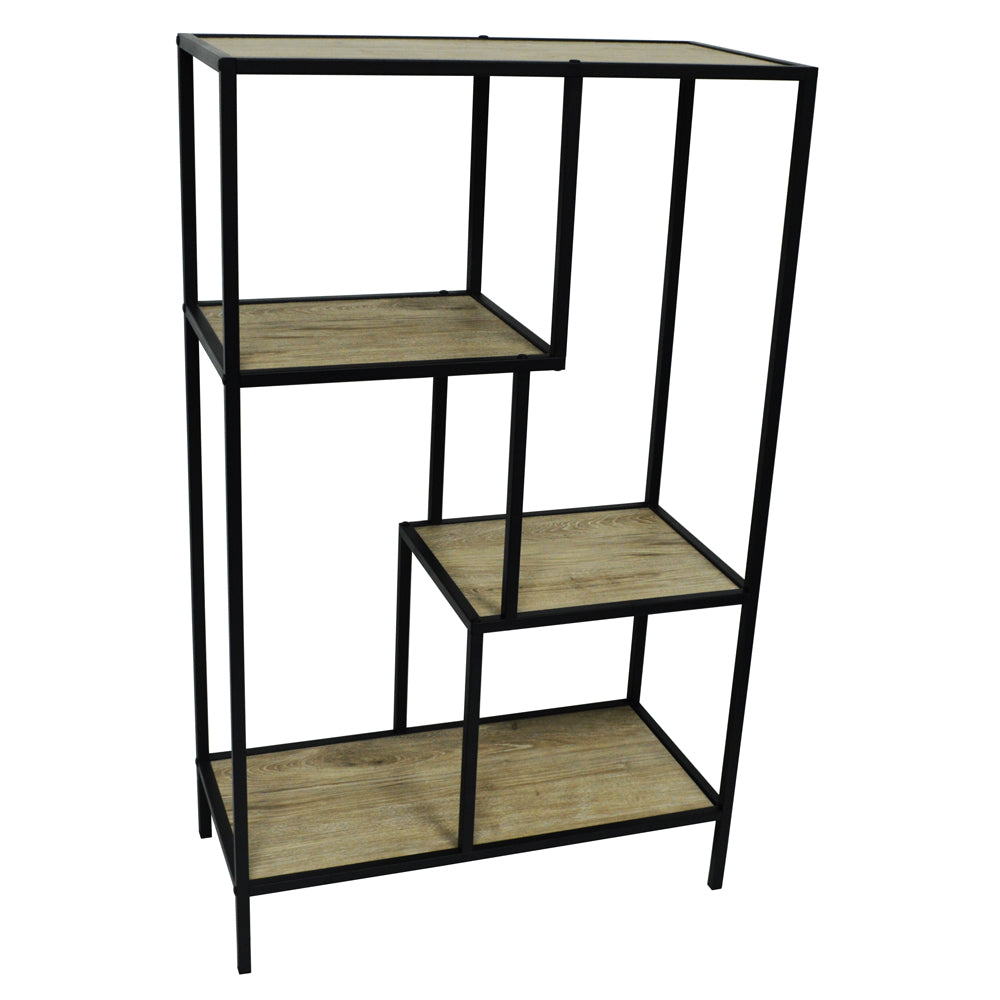 Light oak bookcase with black metal frame for modern interiors