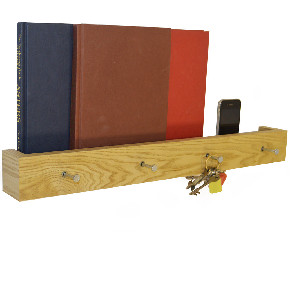 Oak floating shelf with hooks