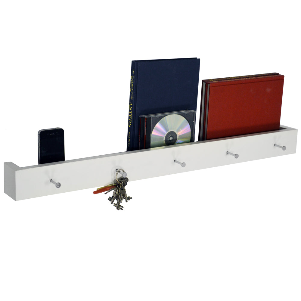 White floating wall shelf with five sturdy hooks