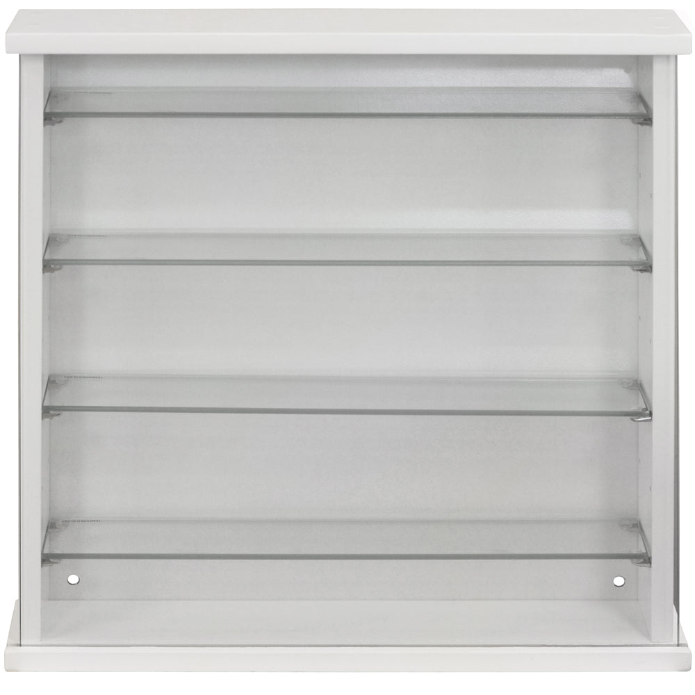Wall-mounted white wood-effect cabinet with glass shelves