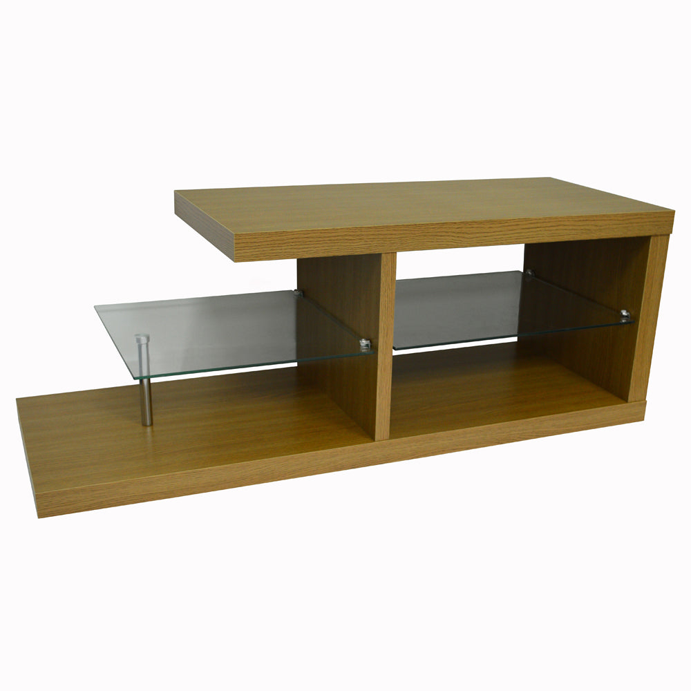 Modern oak TV stand with tempered glass shelves