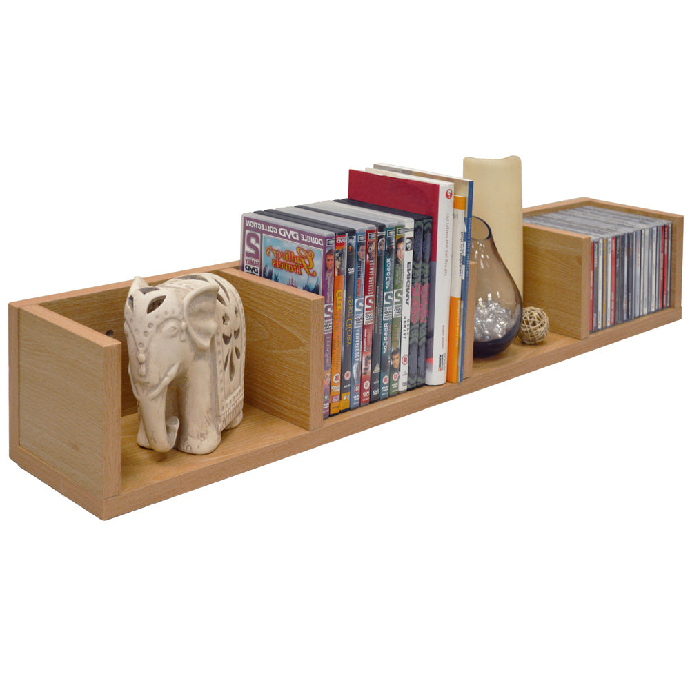 Beech wall-mounted media storage shelf with four compartments