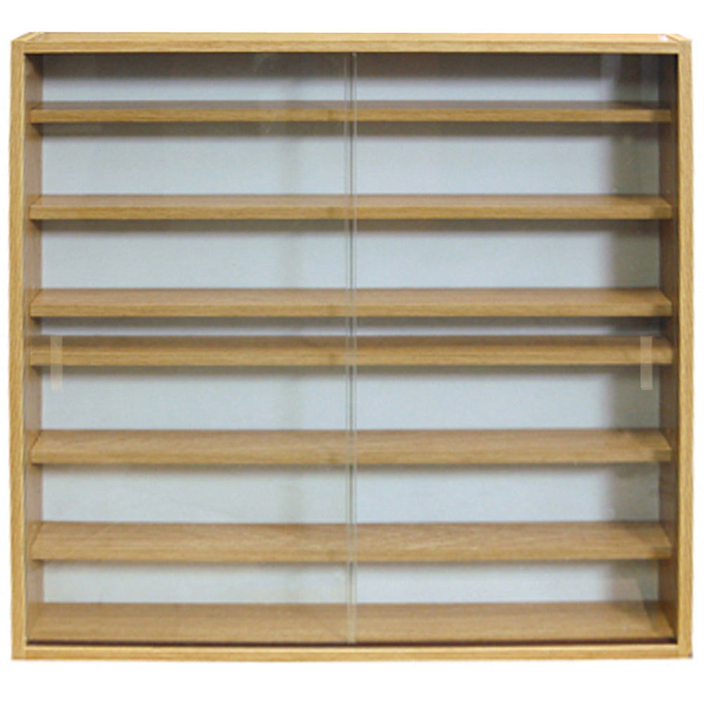 Wall-mounted oak-effect cabinet with glass shelves