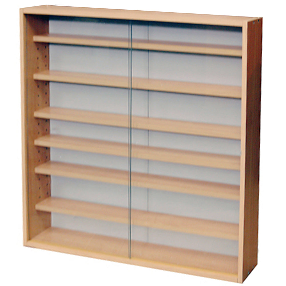 Wall-mounted beech-effect cabinet with glass shelves