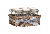 COUNTRY COTTAGE - Set of 6 Spice Jars in Willow Gingham Basket - Brown / White / Blue