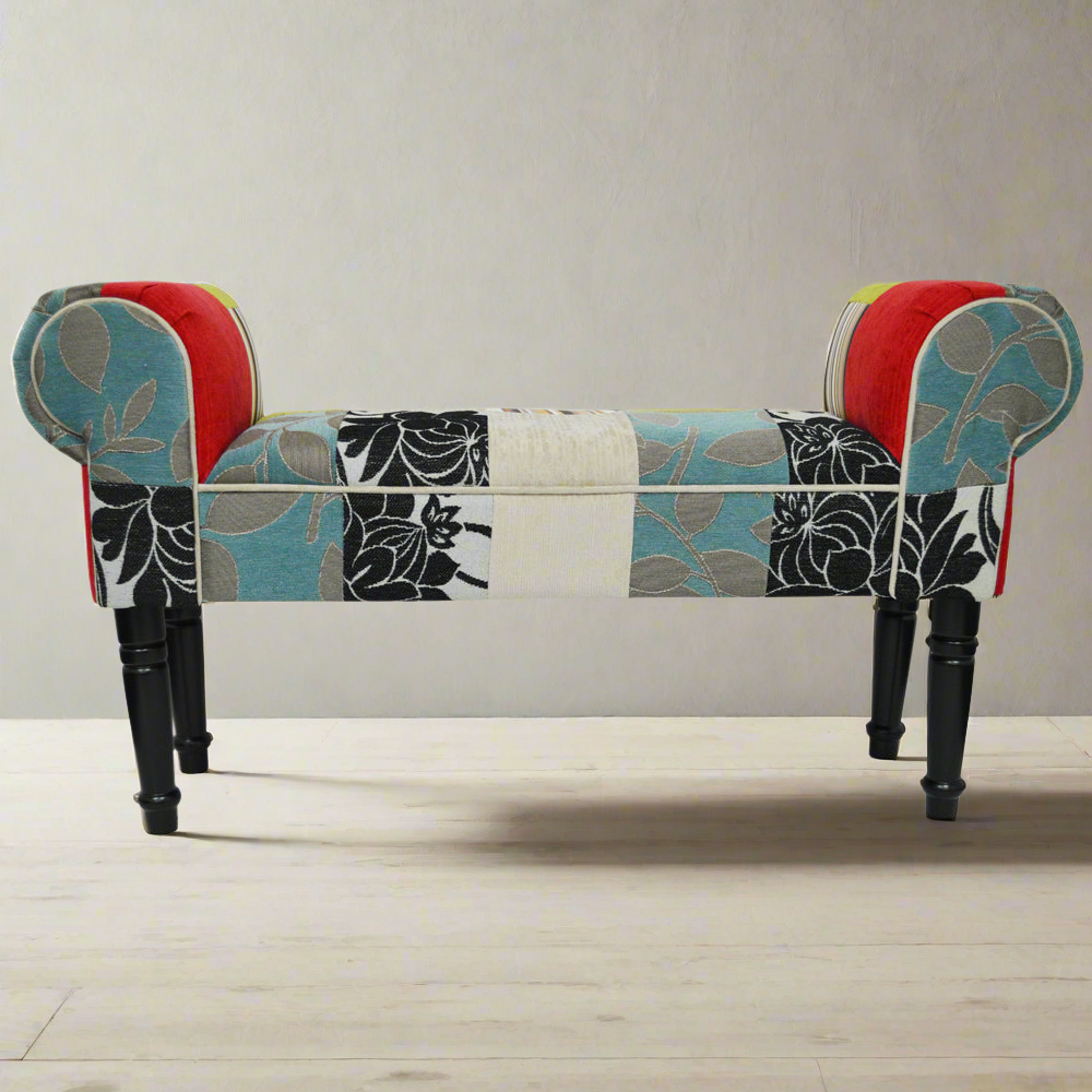 PLUSH PATCHWORK - Shabby Chic Chaise Pouffe Stool / Wood Legs - Blue / Green / Red