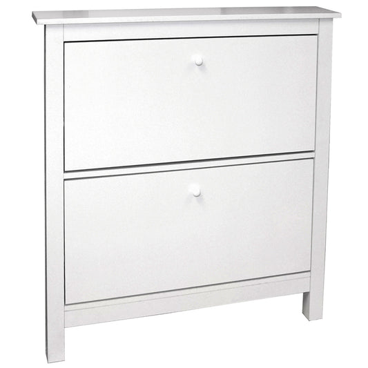 White slimline shoe storage cabinet with two drawers