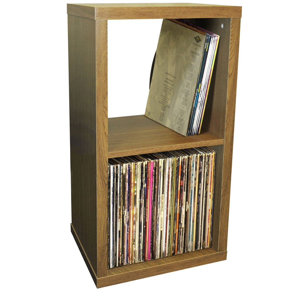 Oak vinyl record storage unit with sleek cubby design