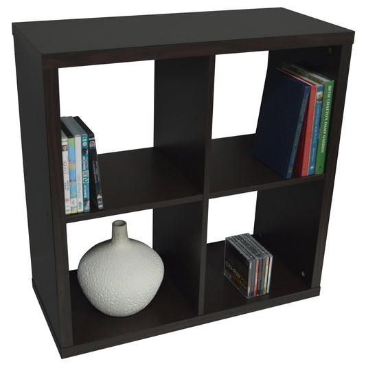 Dark oak vinyl record storage unit with sleek cubby design
