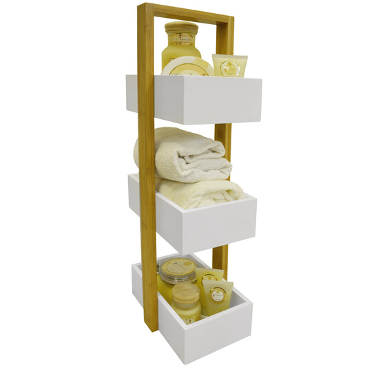 ECHE - 3 Tier Bathroom Storage Shelf / Caddy / Basket - White / Bamboo