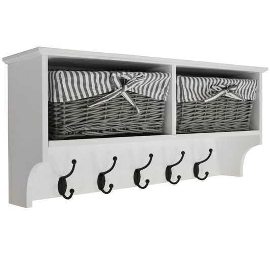 Hallway Wall Storage Shelf with 2 Baskets and 6 Coat Hooks - White / Grey