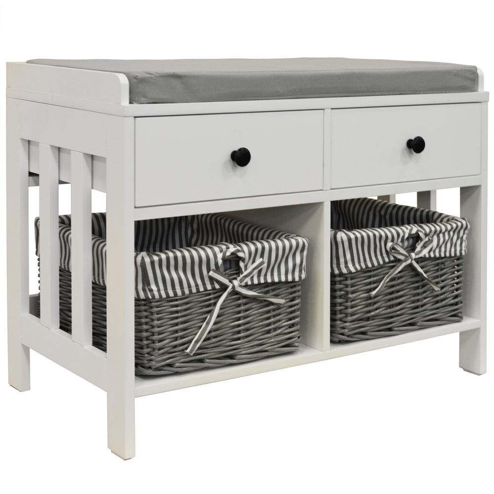 White and grey shoe storage bench with drawers