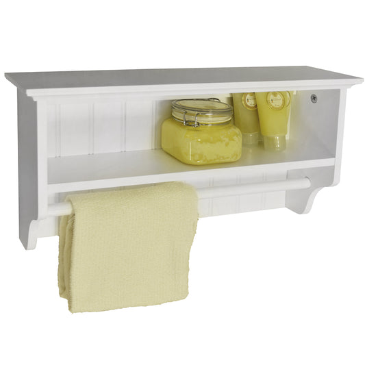 Tongue and Groove Wall Mounted Towel Rail with Shelf - White