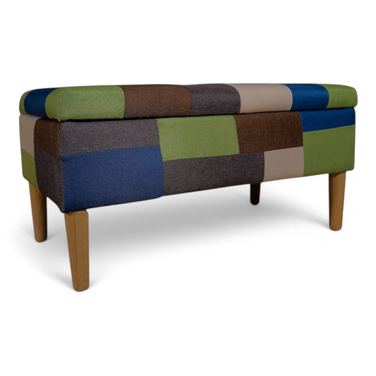 Storage Ottoman with multicoloured fabric and wooden legs