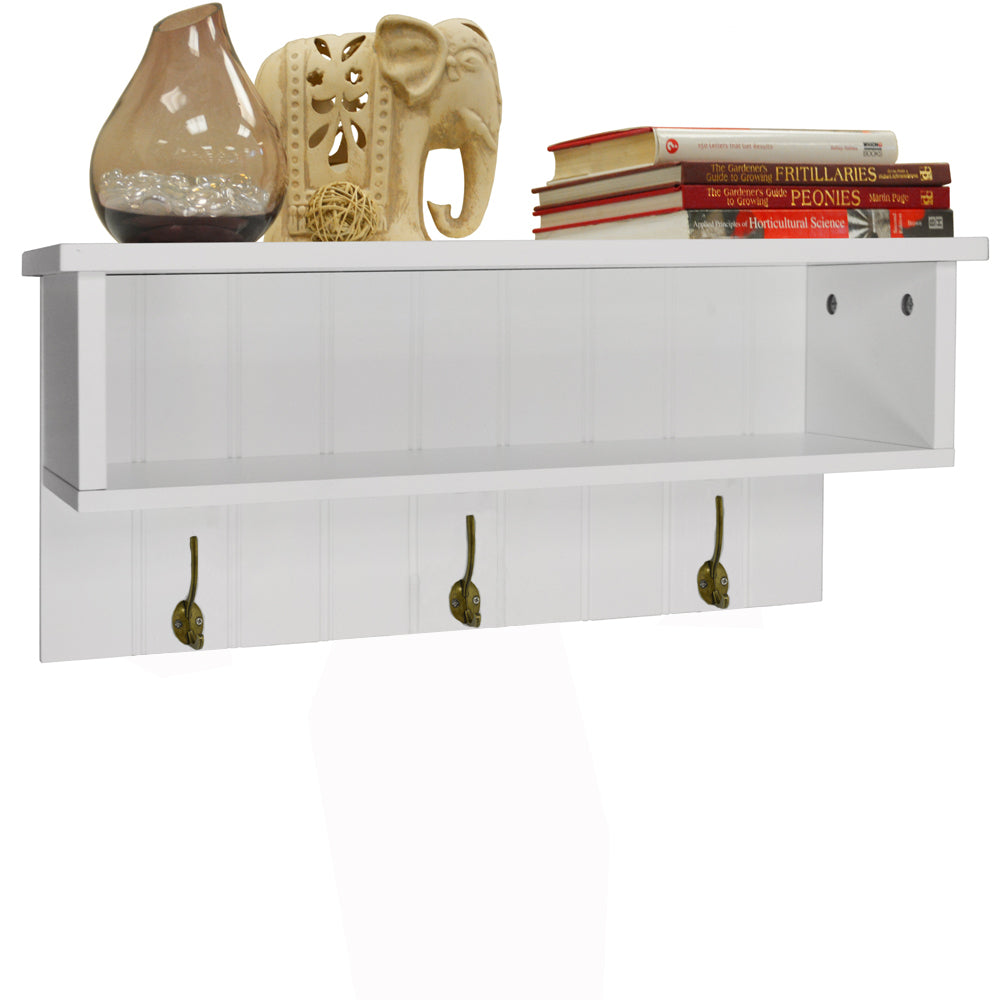 Wall Mounted Hall Rack with Storage and 3 Coat Hooks - White