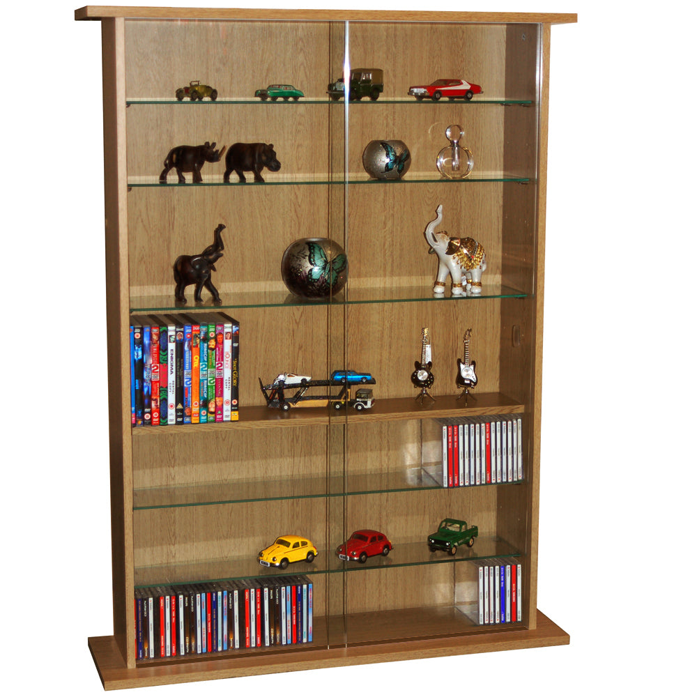 Elegant oak glass display cabinet with sliding doors