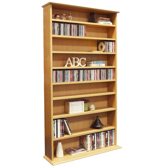 Beech wall-mounted media storage shelf with adjustable design