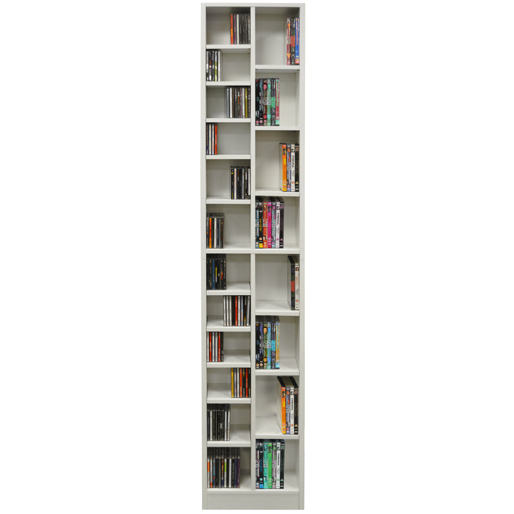 Modern white media shelving unit with 24 compartments