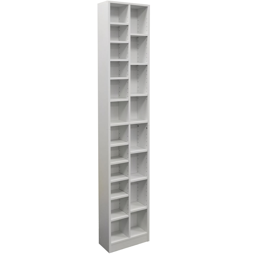 White tall CD/DVD storage tower with adjustable compartments