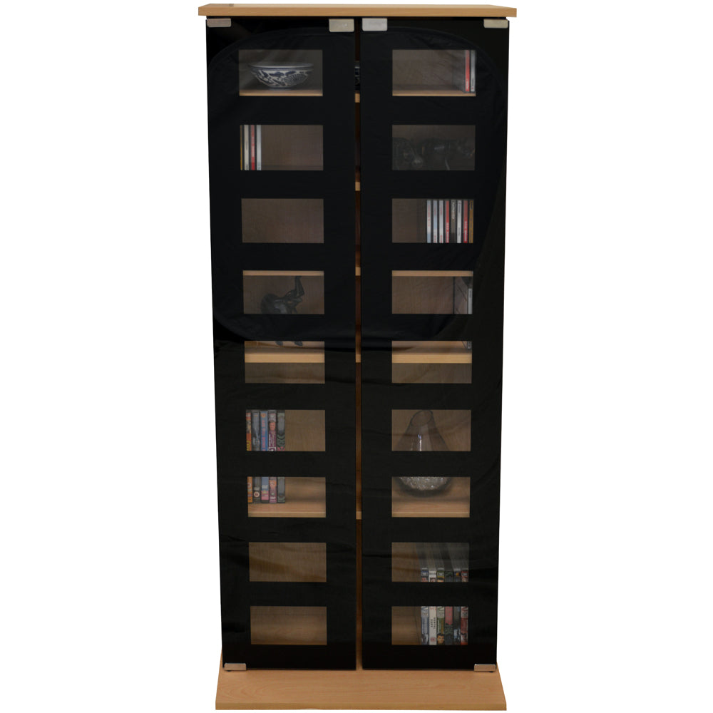 Black glass media storage unit with sleek design