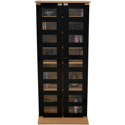 Black glass media storage unit with sleek design
