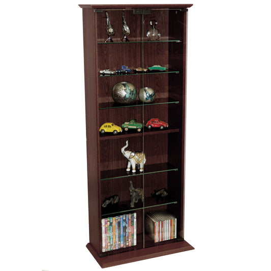 Dark oak glass display cabinet for CDs, DVDs, and books