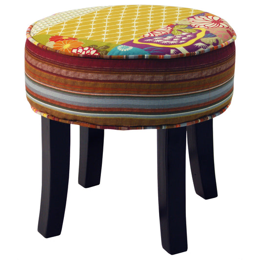 PATCHWORK - Shabby Chic Round Pouffe Padded Stool /Wood Legs - Multi-colour