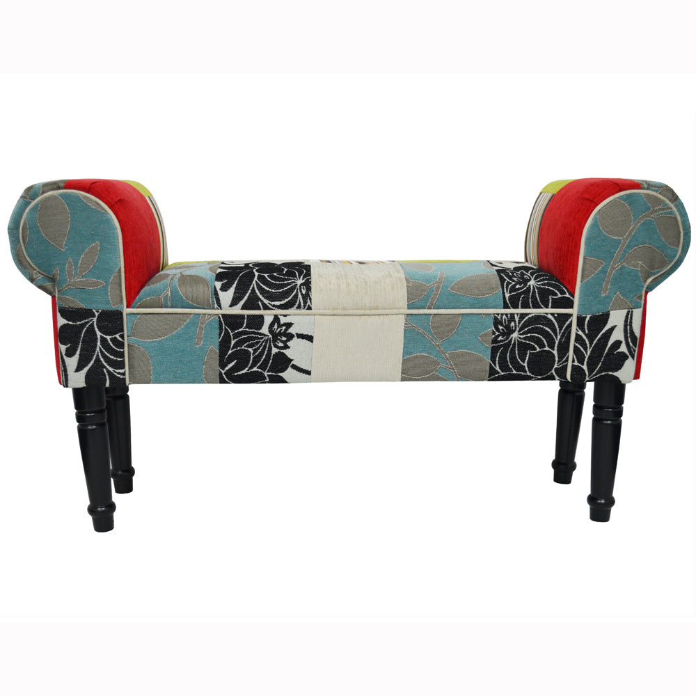 PLUSH PATCHWORK - Shabby Chic Chaise Pouffe Stool / Wood Legs - Blue / Green / Red