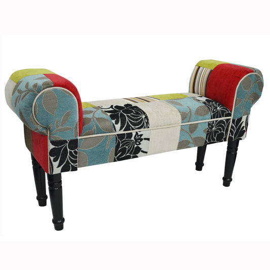 PLUSH PATCHWORK - Shabby Chic Chaise Pouffe Stool / Wood Legs - Blue / Gree