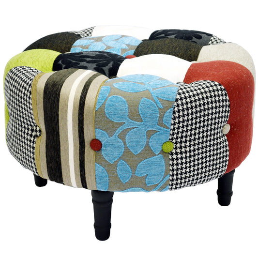 PLUSH PATCHWORK - Round Pouffe Padded Footstool with Wood Legs - Blue / Gre