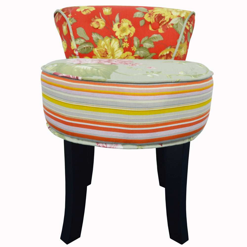 ROSES - Shabby Chic Padded Stool / Low Back Chair with Wood Legs - Multi-coloured