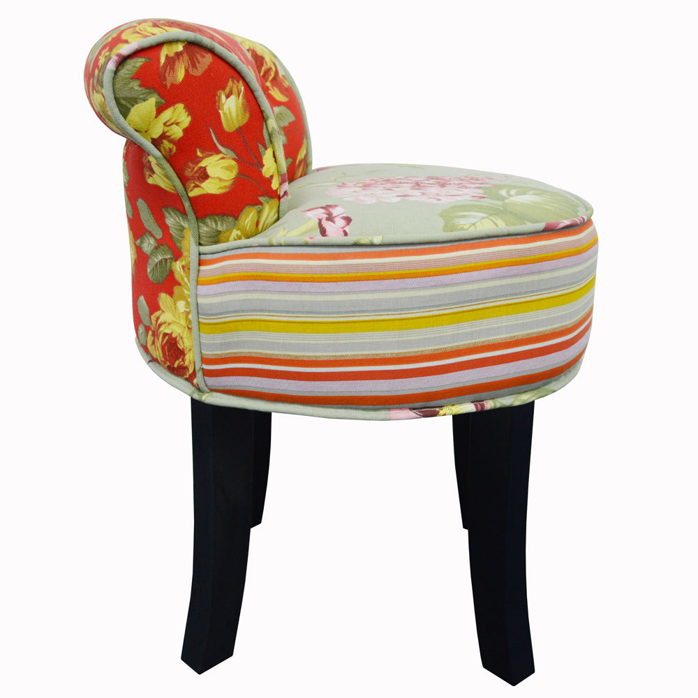 ROSES - Shabby Chic Padded Stool / Low Back Chair with Wood Legs - Multi-coloured