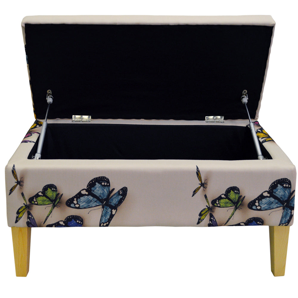 BUTTERFLY - Storage Ottoman Stool / Blanket Box / Padded Trunk - Cream / Multi