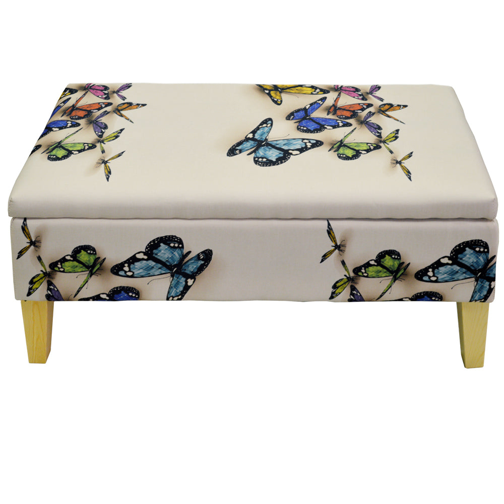 BUTTERFLY - Storage Ottoman Stool / Blanket Box / Padded Trunk - Cream / Multi