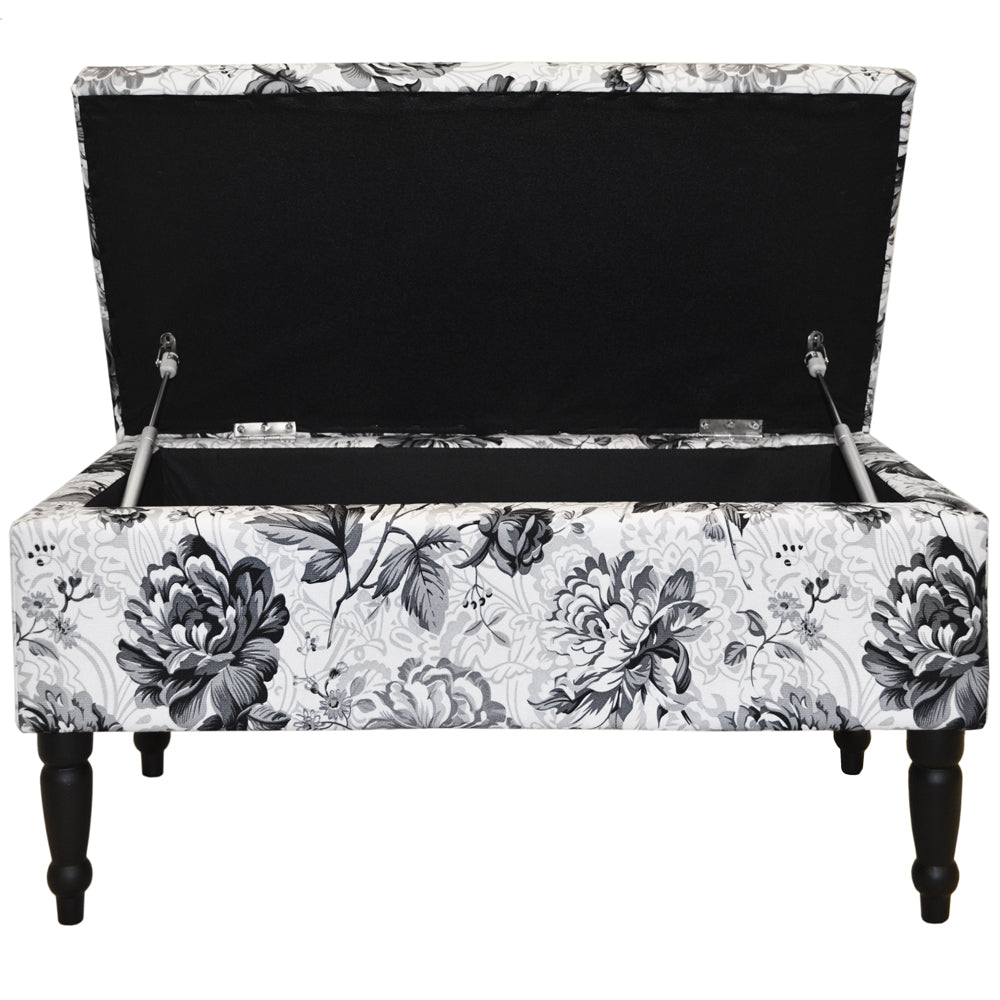 BLACK ROSE - Storage Ottoman Stool / Blanket Box / Padded Trunk - Black / White