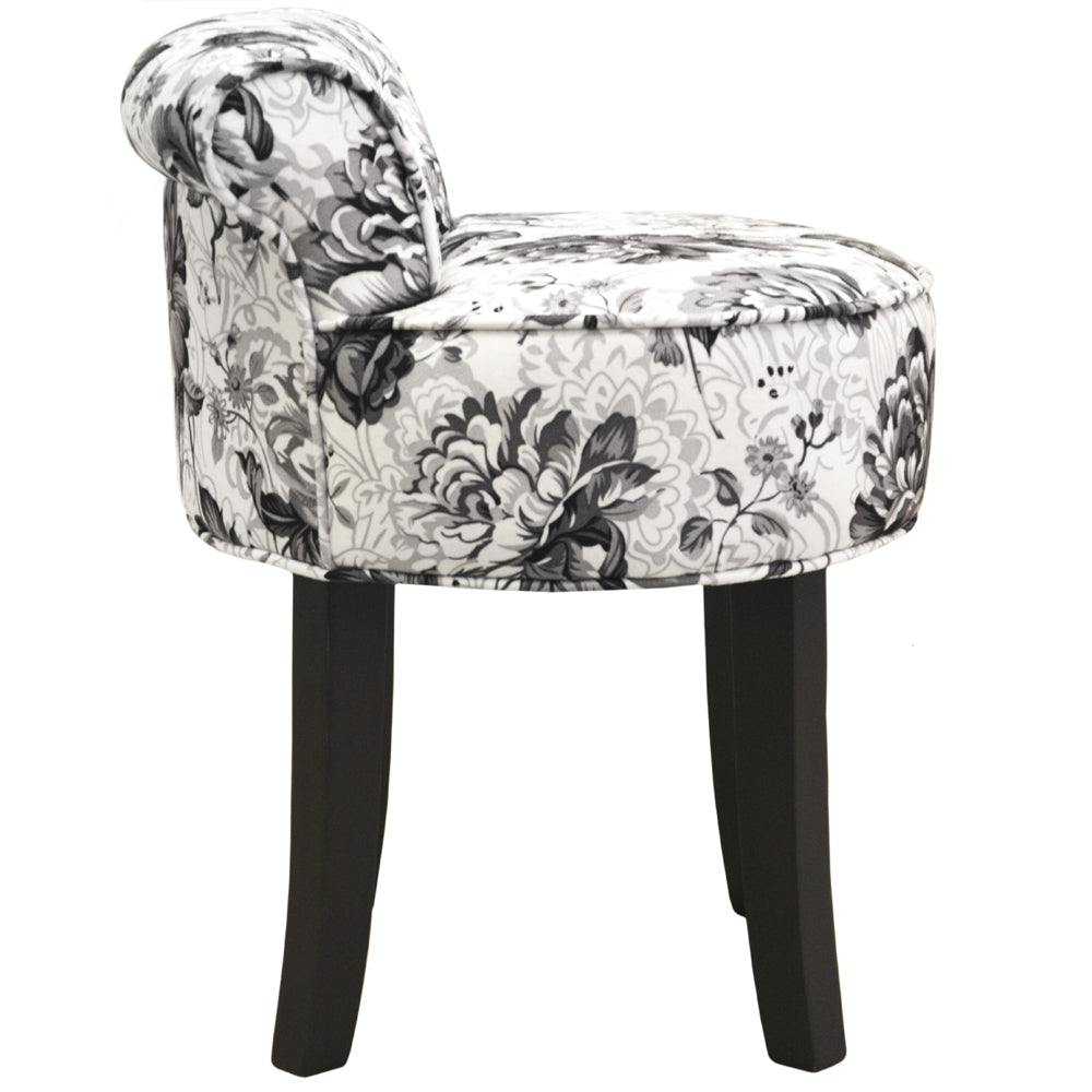 BLACK ROSE - Stool / Low Back Padded Dressing Chair with Wood Legs - Black / White