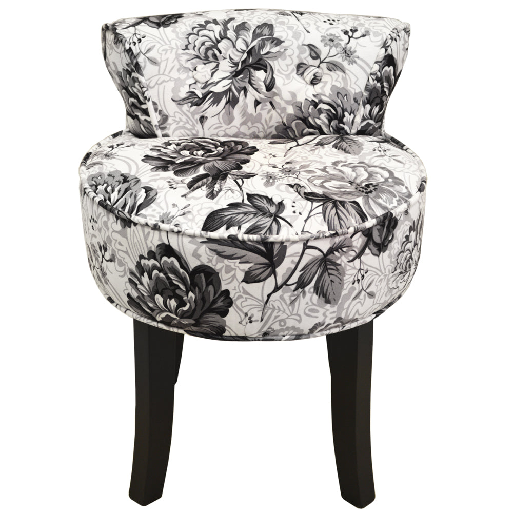 BLACK ROSE - Stool / Low Back Padded Dressing Chair with Wood Legs - Black / White