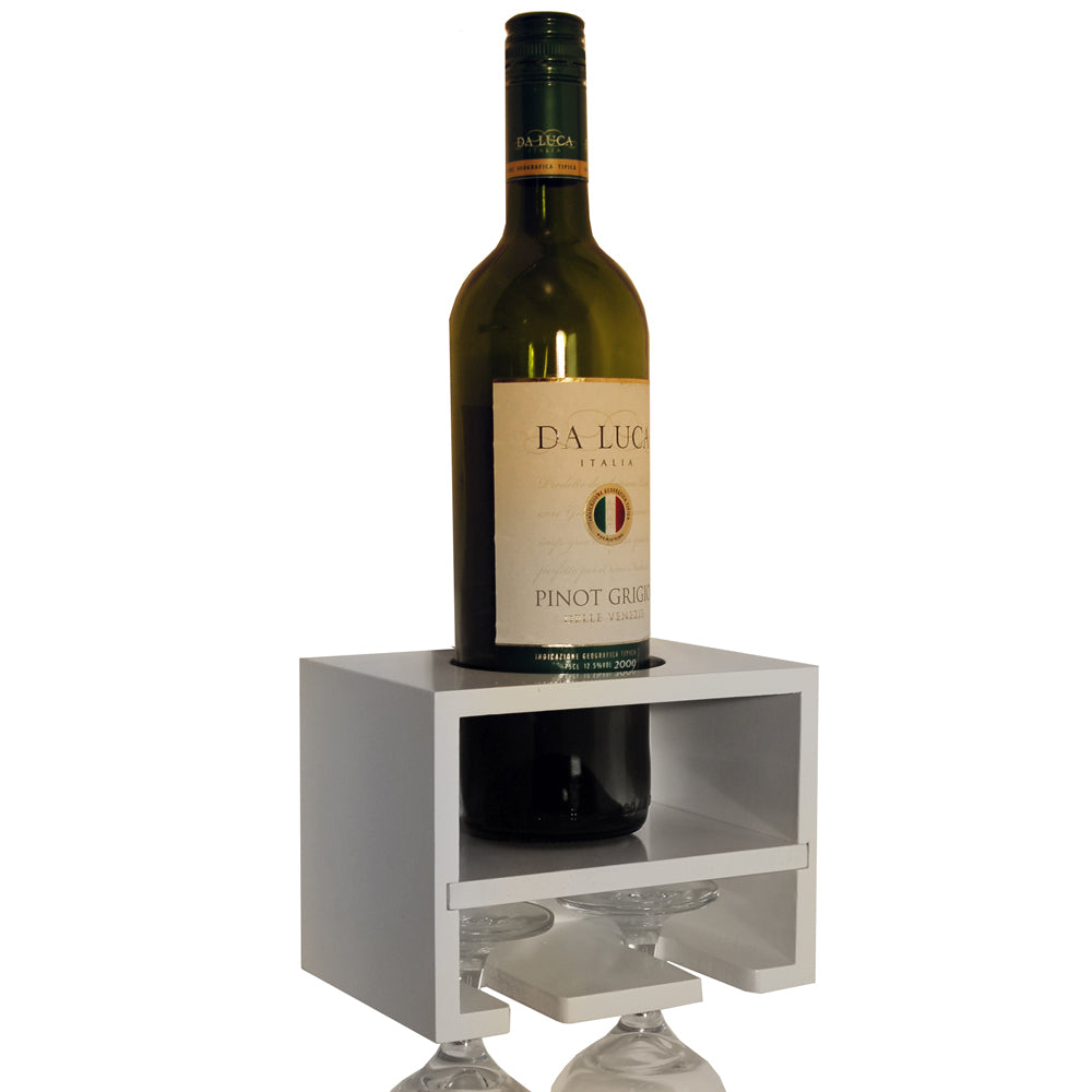 CABERNET - Wall Mounted Floating Wine Bottle / 2 Glass Rack - White