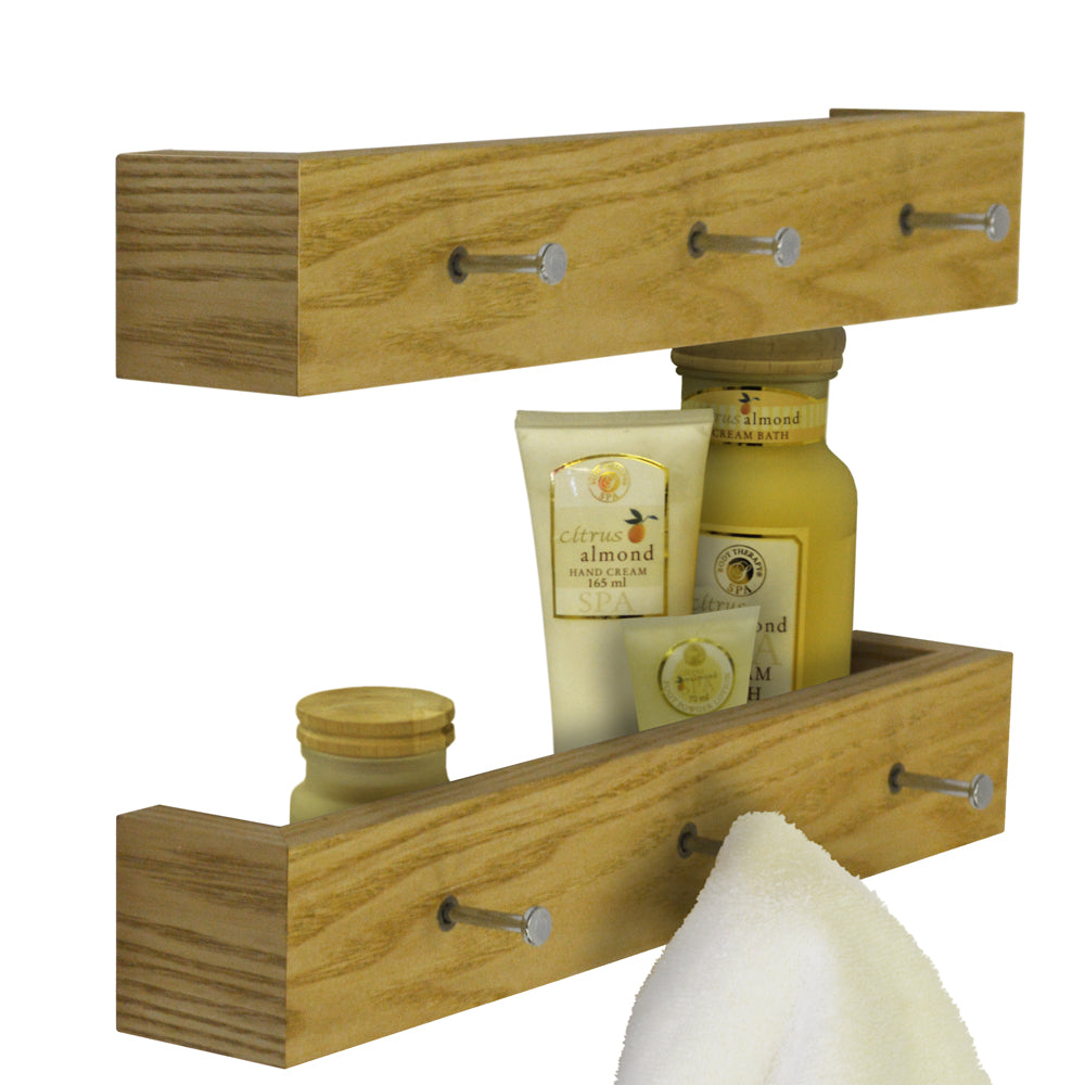 ELLIS - 2 PACK - Wall Mounted 40cm Floating 3 Coat Hook / Shelf