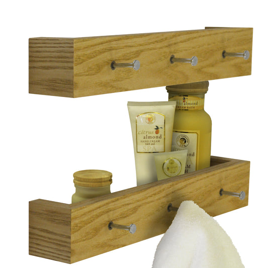 ELLIS - 2 PACK - Wall Mounted 40cm Floating 3 Coat Hook / Shelf