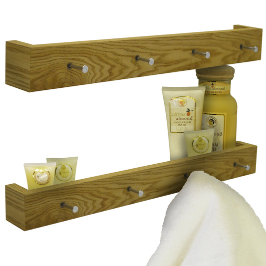 2 PACK - Wall Mounted 60cm Floating 4 Coat Hook / Picture Shelf - Oak