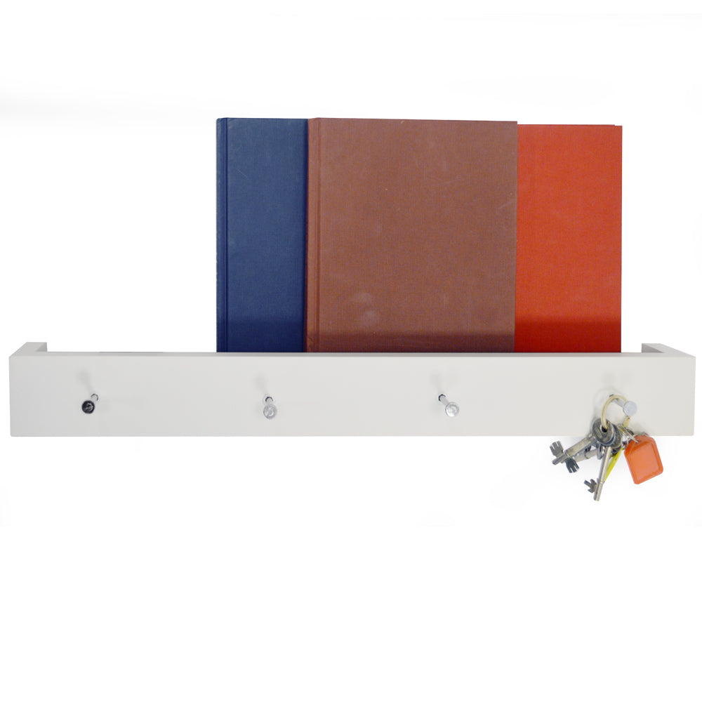 ELLIS - Wall Mounted 2ft / 40cm Floating 4 Coat Hook Shelf / Bathroom Storage - White