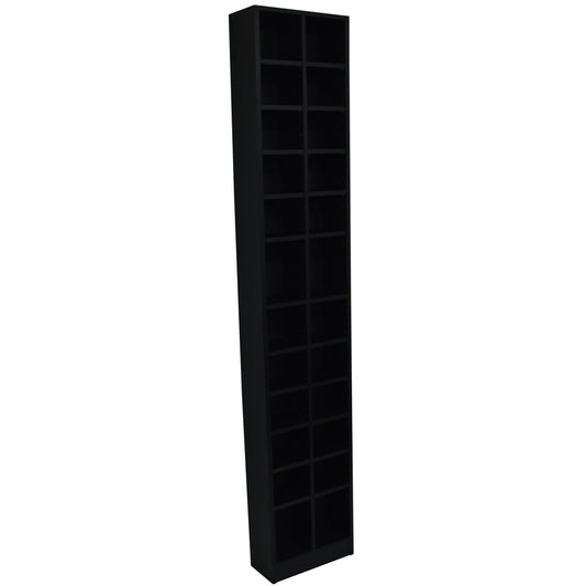 Black tall media storage tower with adjustable shelves