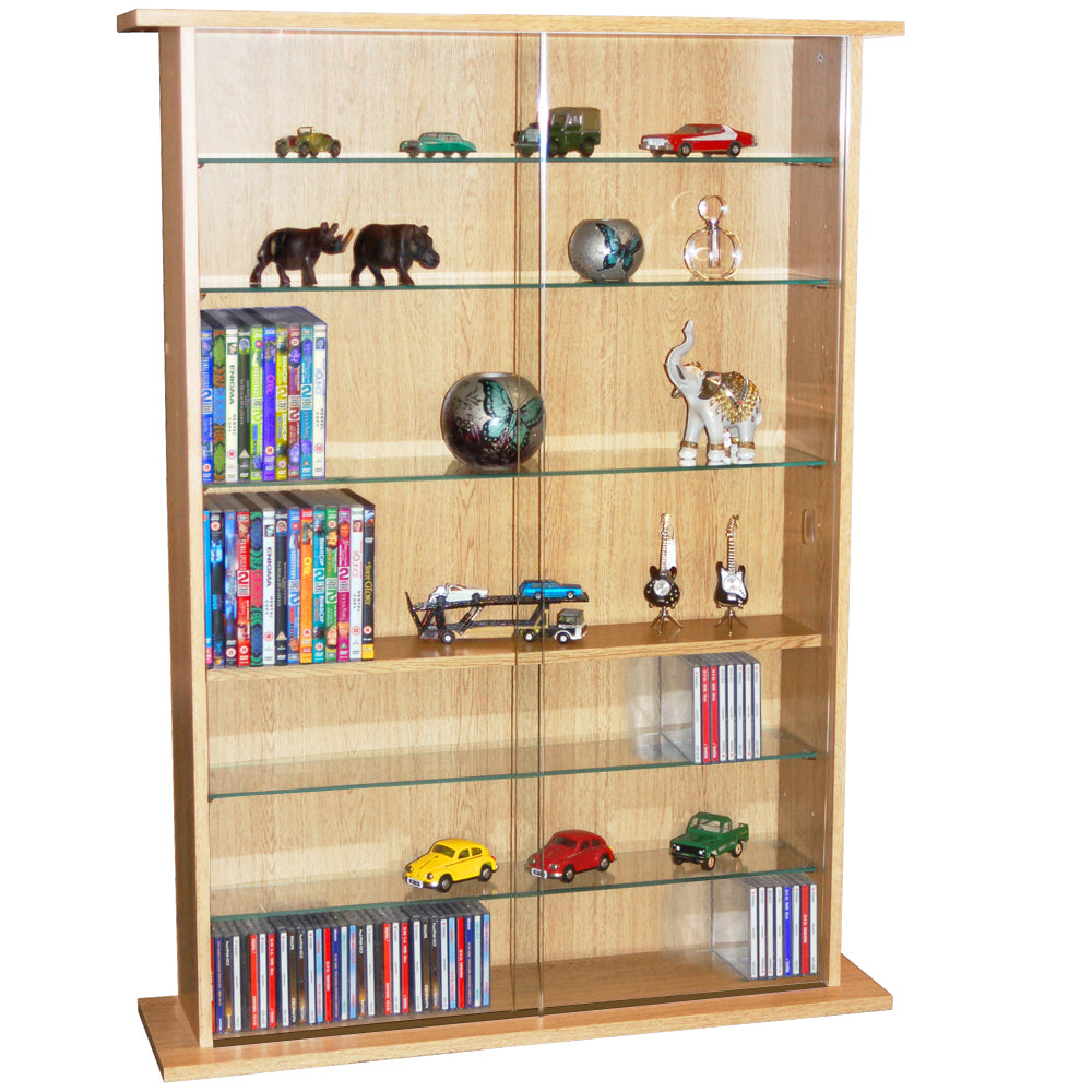 Beech display cabinet with sliding glass doors and adjustable shelves