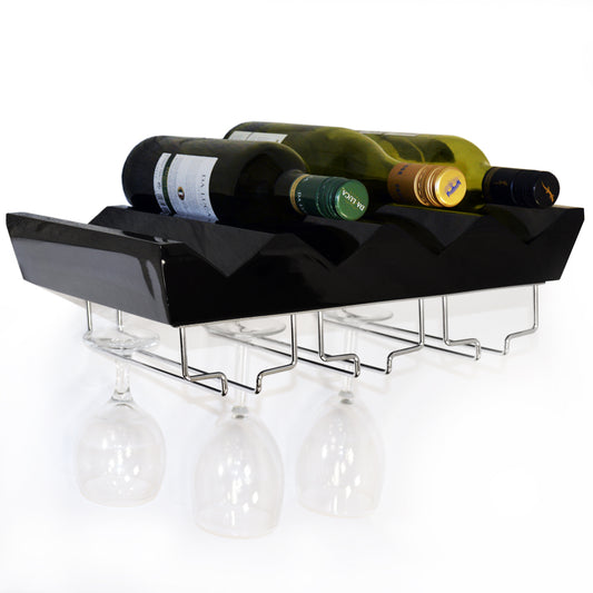 Black high-gloss wall-mounted wine rack with glass holder